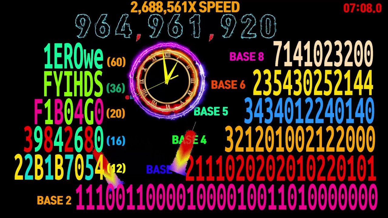 Numbers 0 to 1,000,000,000 with base 2,3,4,5,6,8,10,12,16,20,36,60 countup timer alarm🔔speedfeeling