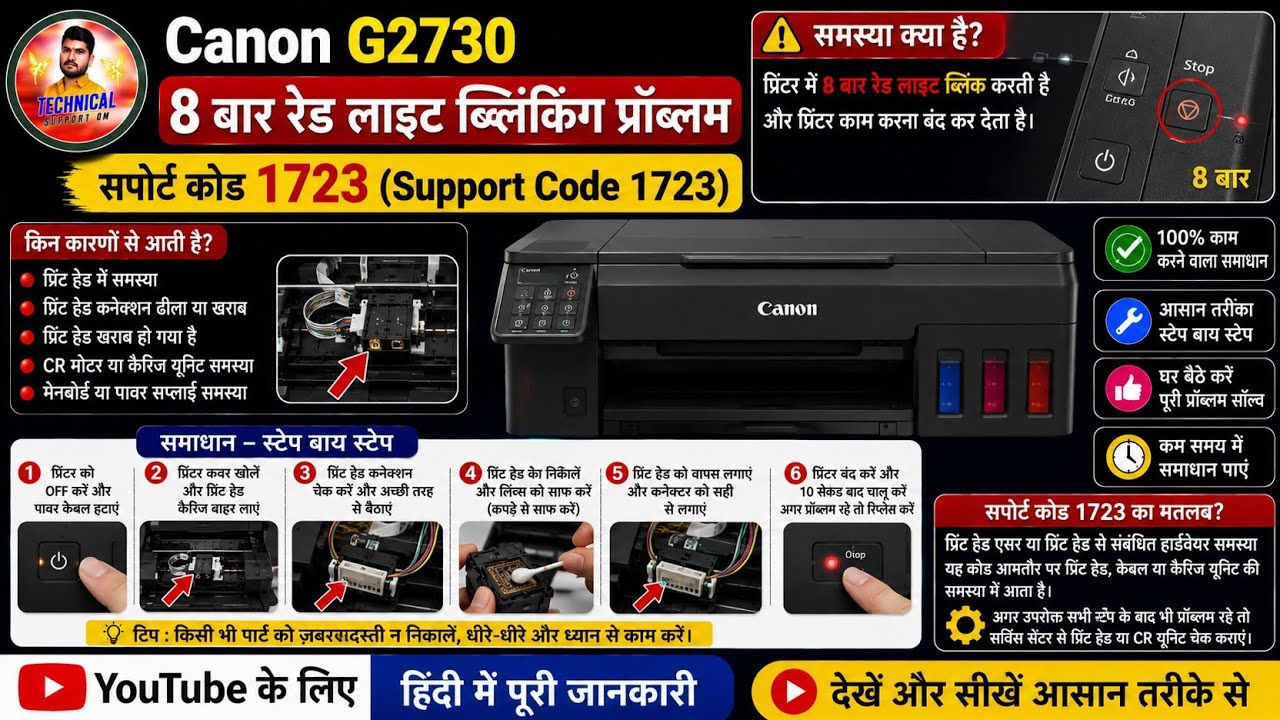 Canon g2730 printer 8 bar red light blinking problem !! Canon g2730 printer error support code 1723 