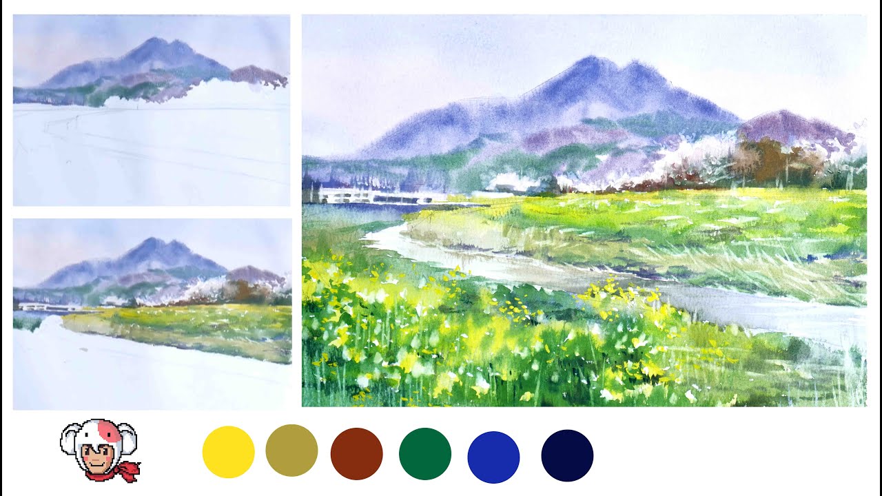 Demonstrate Nanohana fields in Oita ,Japan Step by step watercolour