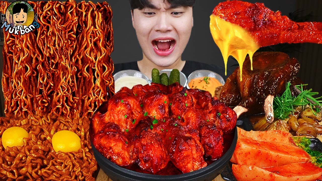 ASMR MUKBANG | Жареный цыпленок, стейк, лапша с черной фасолью, кимчи Корейская еда
