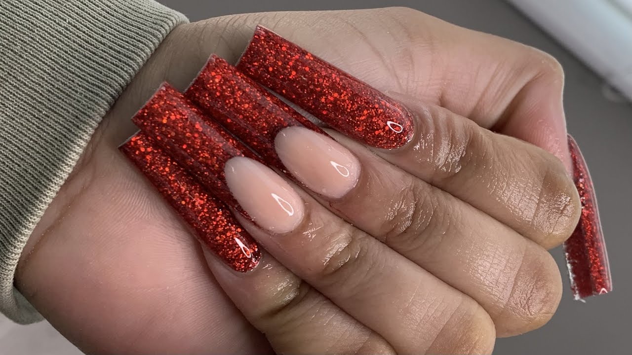 Long Encapsulated French Glitter Acrylic Nail