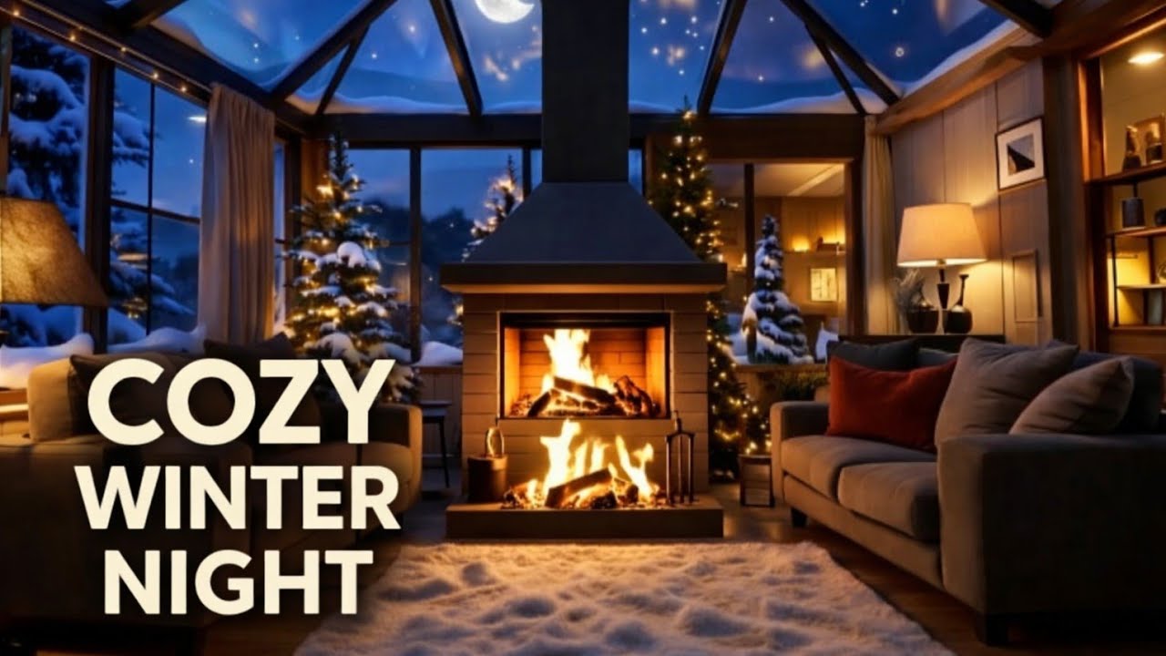 Cozy Winter Cabin Fireplace ❄️ | Relaxing Night Ambience with Snow, Moon & Warm Fire (4K) #fireplace