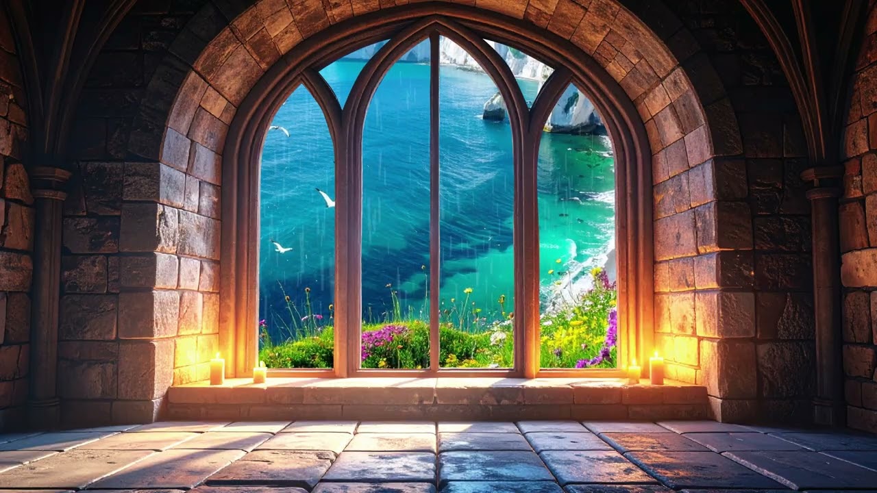 Rainy Spring at a Medieval Window 🌧️🌸 | Cozy Fantasy Ambience & Soft Music