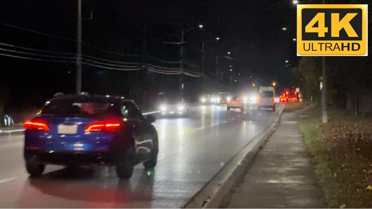 Night Walk Along a Busy Canadian Road | Traffic Sounds & Fall Ambience