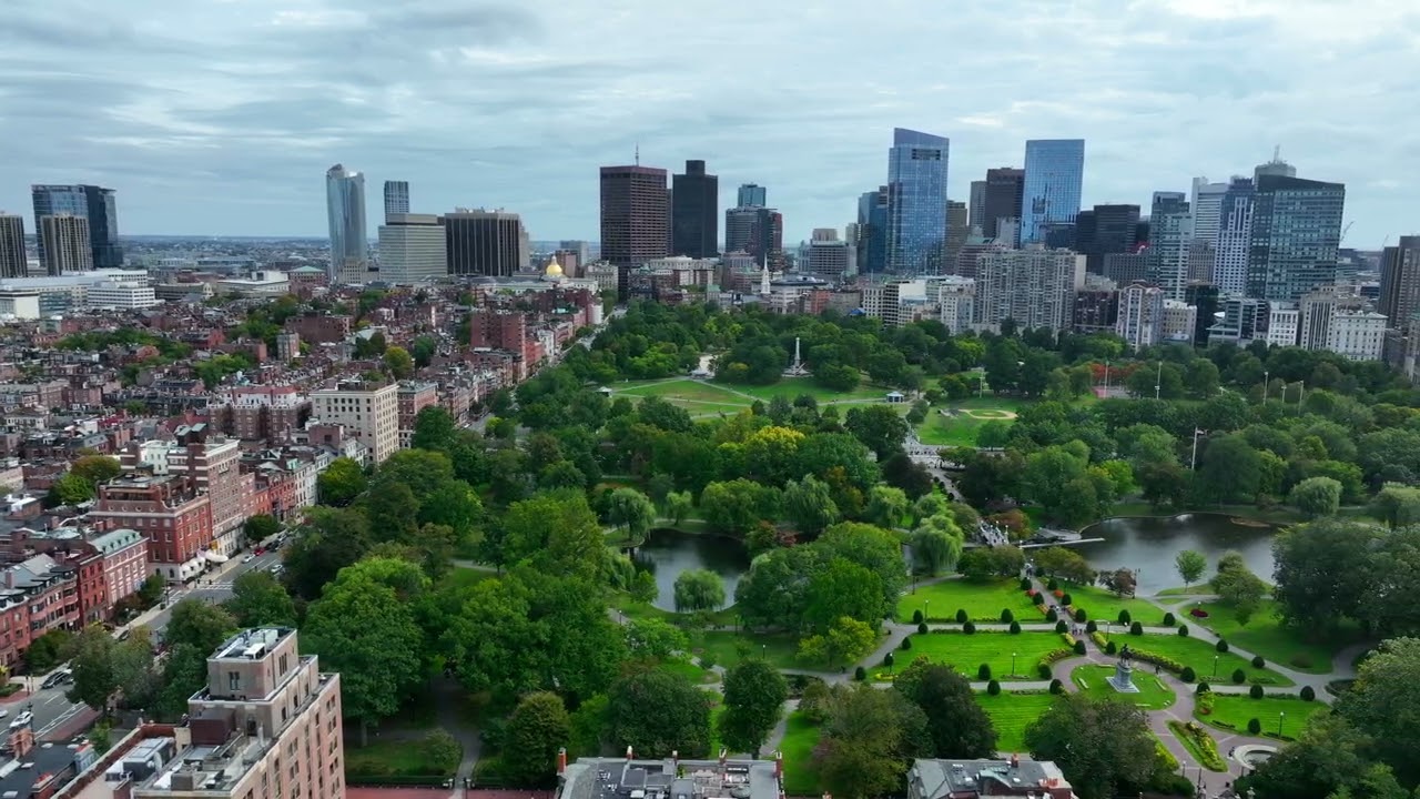 beautiful aerial establishing shot of boston skyline