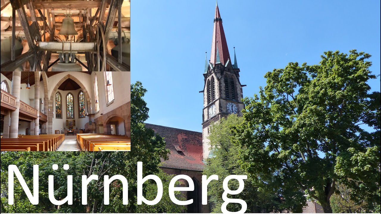 Nürnberg-Gostenhof (N) Die vier Glocken der evangelischen Dreieinigkeitskirche (Turmaufnahme)