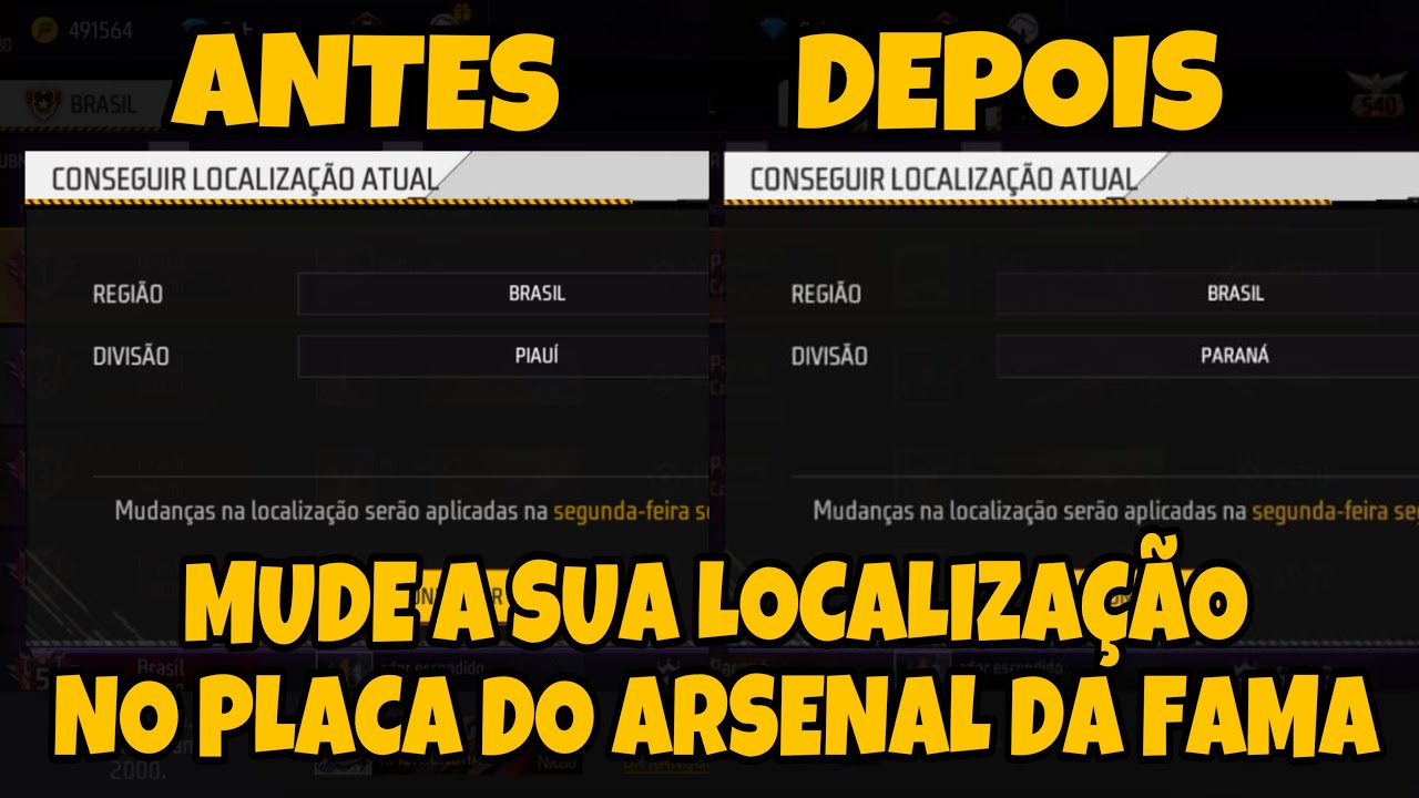 MUDE A SUA LOCALIZAÇÃO NO PLACA DO ARSENAL DA FAMA FREE FIRE-TITULO DO PLACA DO ARSENAL DA FAMA!!