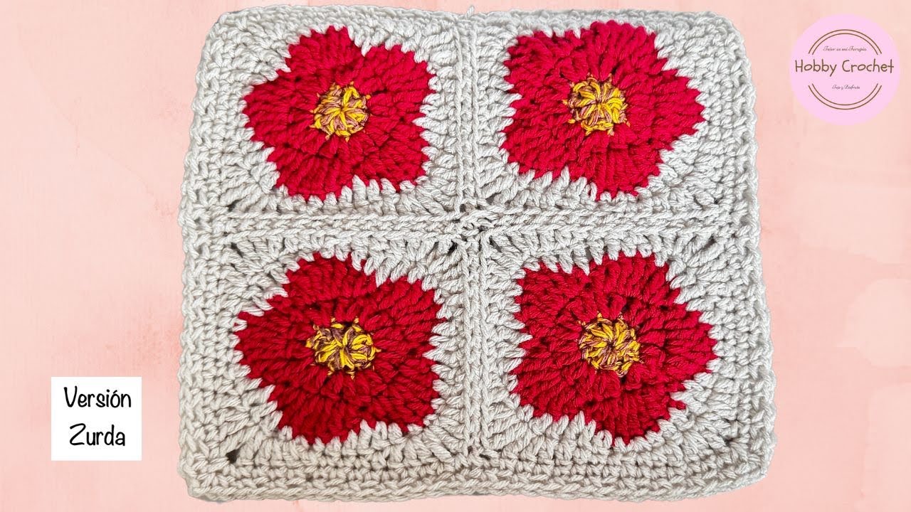 Granny con flor para manta a crochet versión zurda