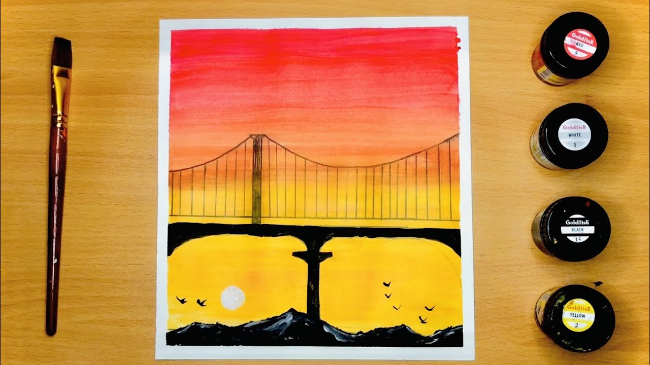 Easy Sunset Bridge acrylic Painting | poster colors | Painting tutorials |