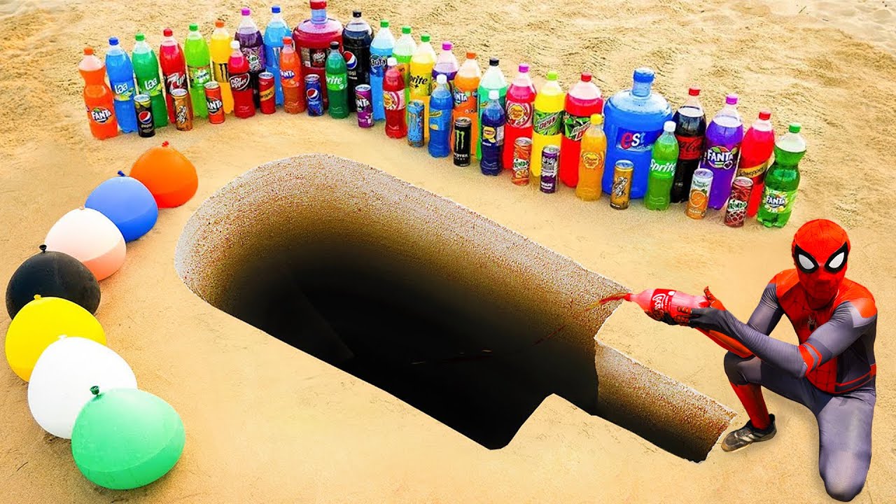 Spiderman & Big Toothpaste Eruption from Ice Cream hole, Giant Mirinda, Fanta, Coca Cola vs Mentos