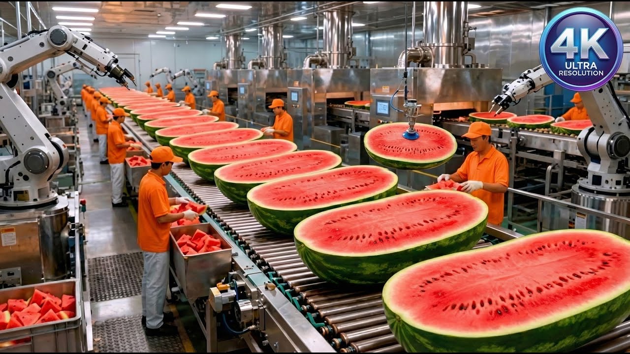 Inside a Modern Watermelon Processing Plant 🍉 From Whole Melons to Sweet Red Juice
