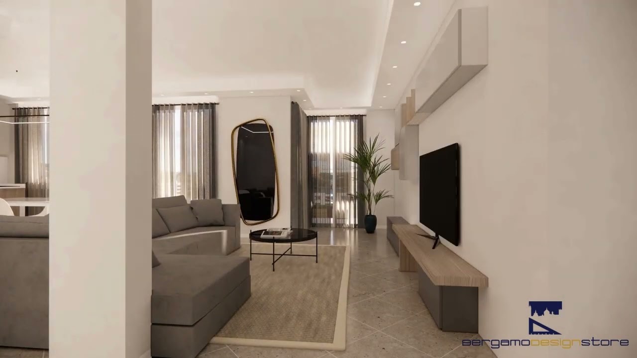 Videoprogetto 3d. Openspace,  cucina ad angolo parete soggiorno attrezzata.