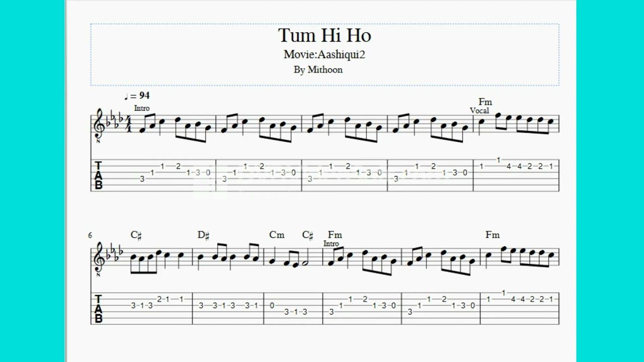 Tum Hi Ho  Piano Guitar Tabs tutorial/ lesson chords /With notes /piano instrumental/Sheet music