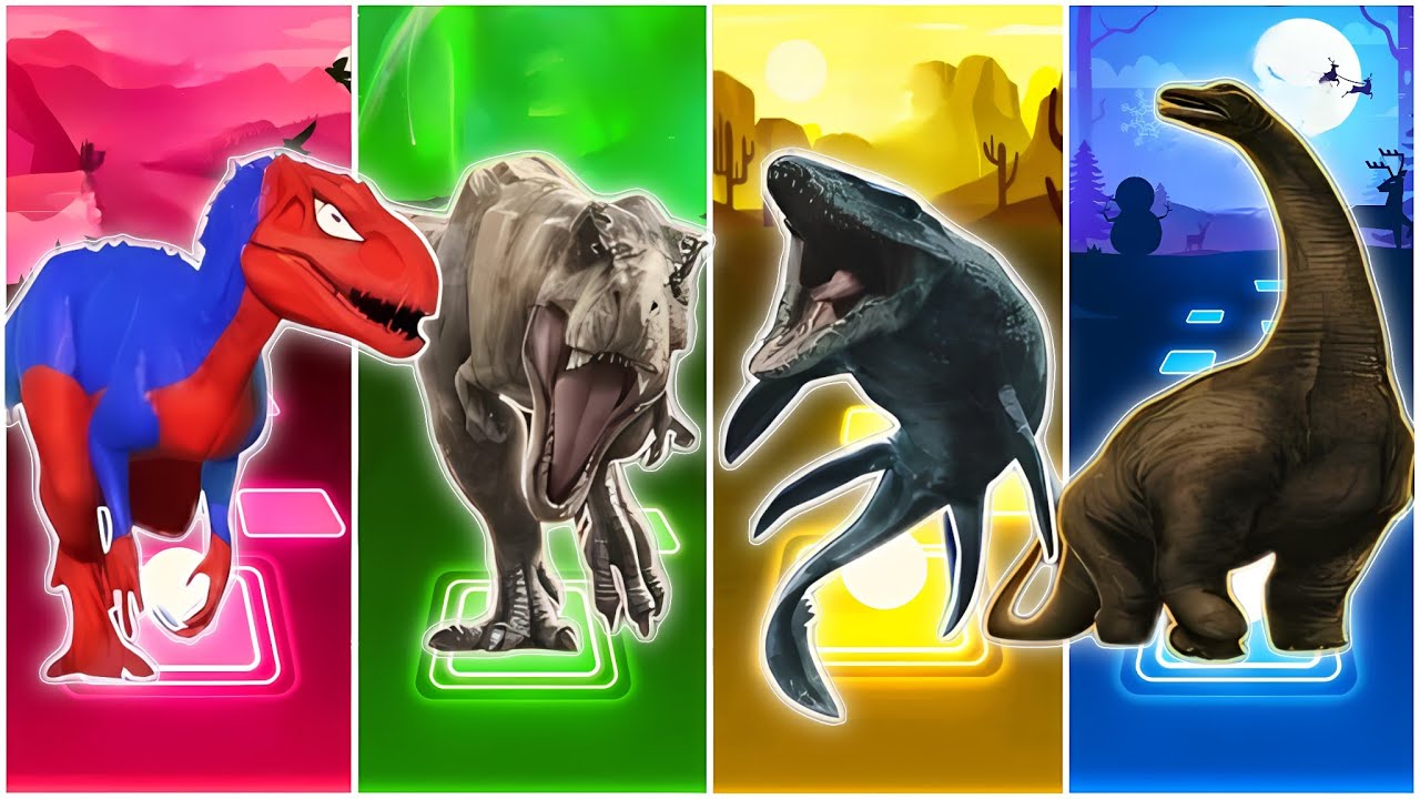 JurassicWorld T-rex🆚Brontosaurus🆚Tyrannosaurus🆚Mosasaurus Coffin Dance Song || TilesHop