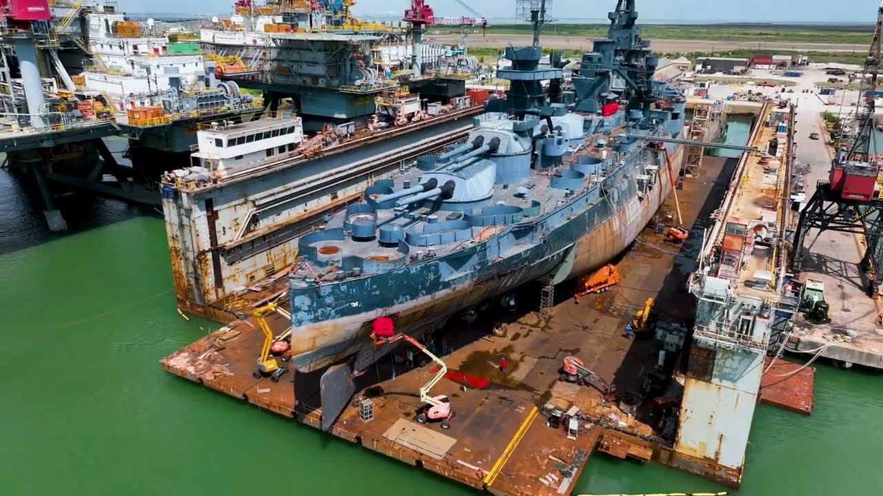 Battleship Texas USS Texas 5 Minutes of Raw Unedited Drone Footage At Gulf Copper Dry Dock