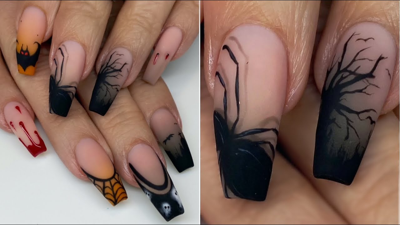 Fall Nails: Halloween Nail Art | Airbrush Ombre, 3D Spider, Vampire Bites, Ghost, Graveyard, Blood