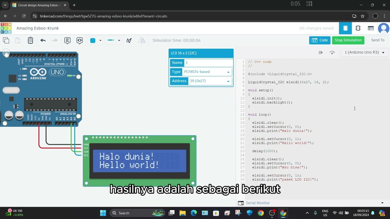 [Tinkercad] Cara Simpel Menggunakan LCD I2C 16x2 di Tinkercad