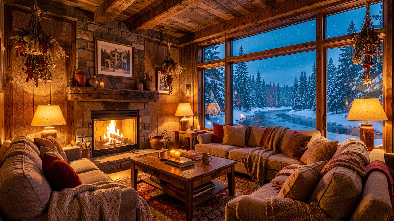 Relaxing Jazz Music in a Warm Cabin ❄️ Winter Snowfall & Crackling Fireplace for Calm & Focus