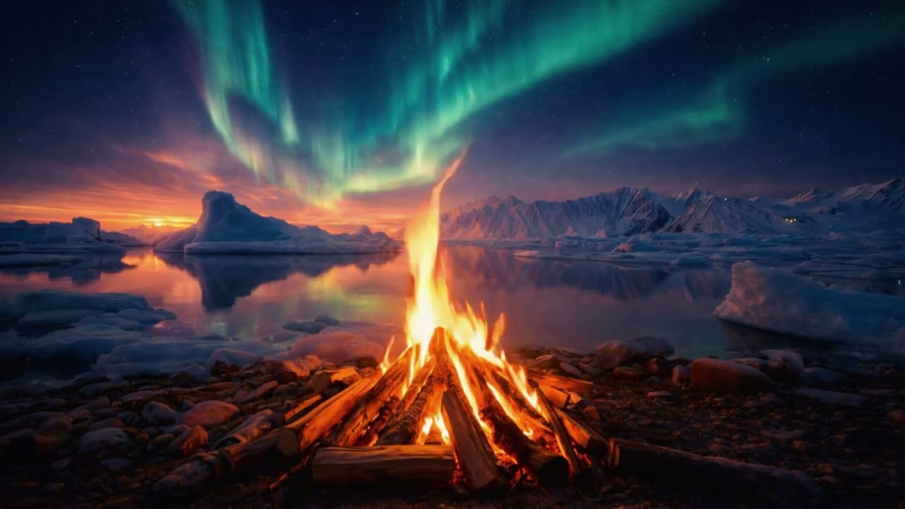 Northern Lights Campfire Fireplace 🔥 Relaxing Fire Sounds for Sleep Relax Study