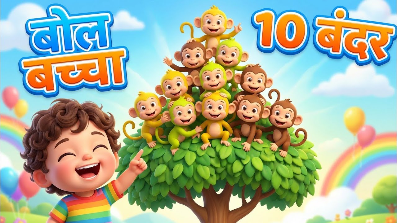 10 Bandar upar ke upar! Bol Baccha! 🧒🐵 Fun Hindi kids poem with 10 monkeys climbing a tree 🌳🎶