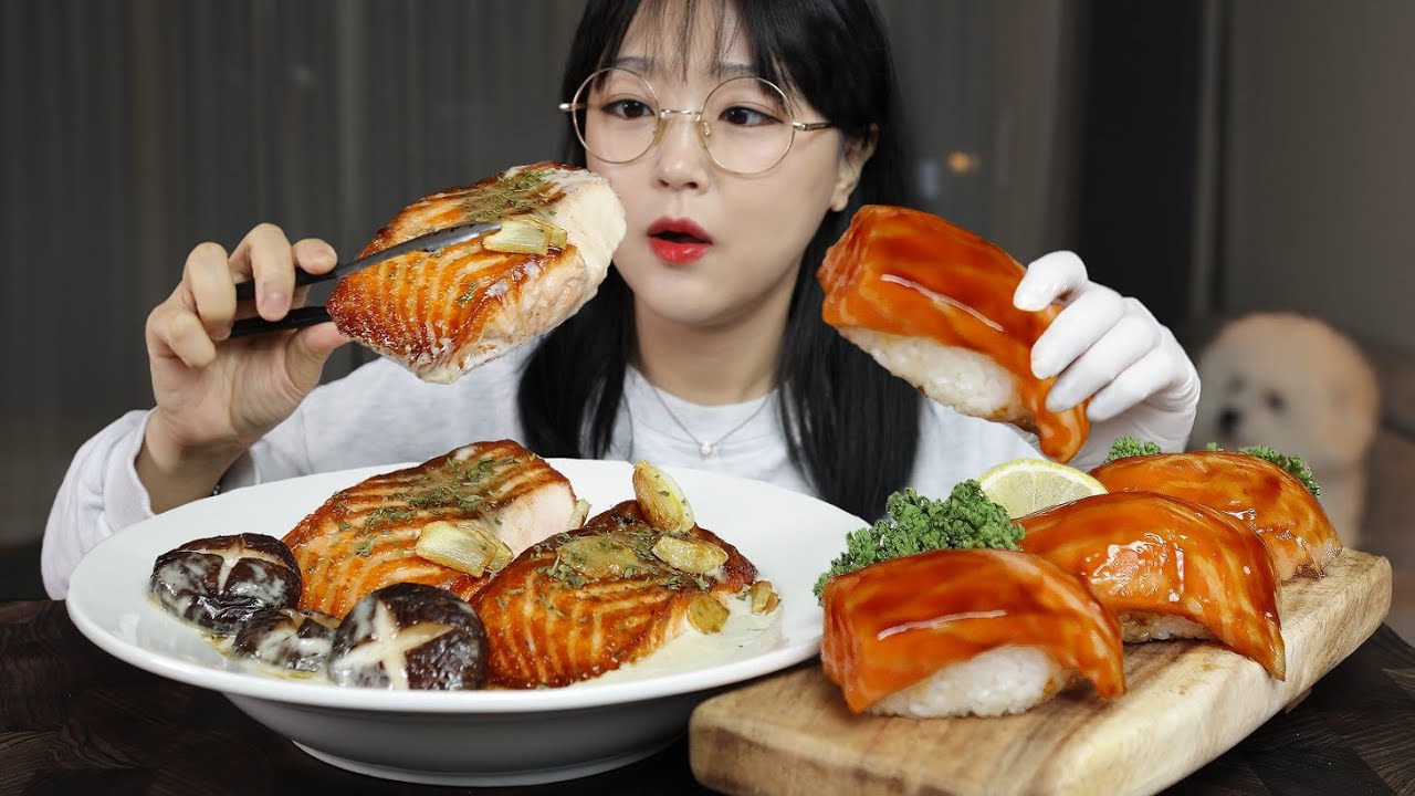 Стейк из лосося со сливочным соусом & суши из лосося Mukbang Asmr