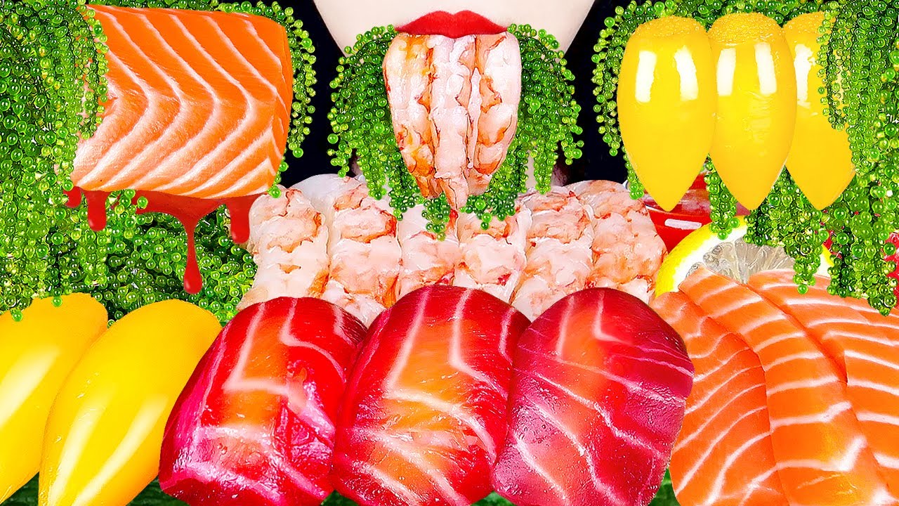 ASMR SALMON, SEA GRAPES, SHRIMP, KOMOCHI YARIIKA 홍새우, 연어, 바다포도, 열빙어알 RAW SEAFOOD MUKBANG 해산물 먹방