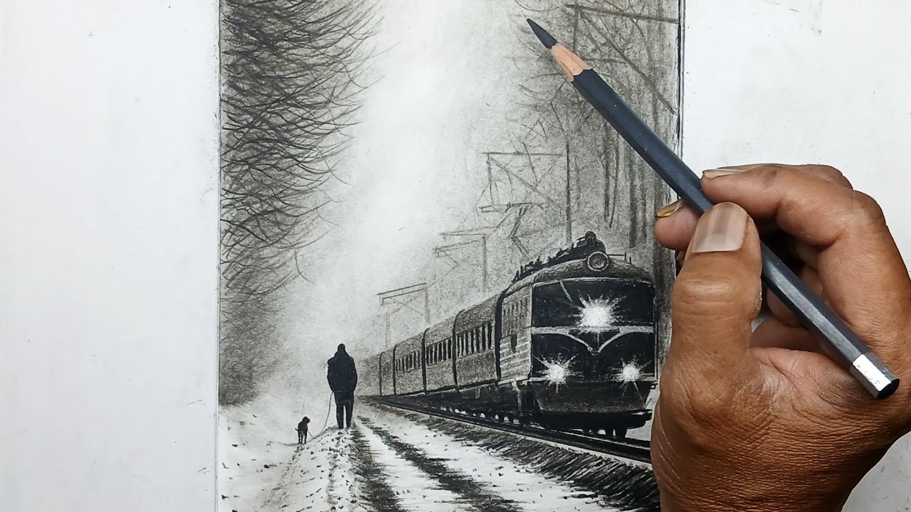Train landscape scenery drawing with pencil step by step.