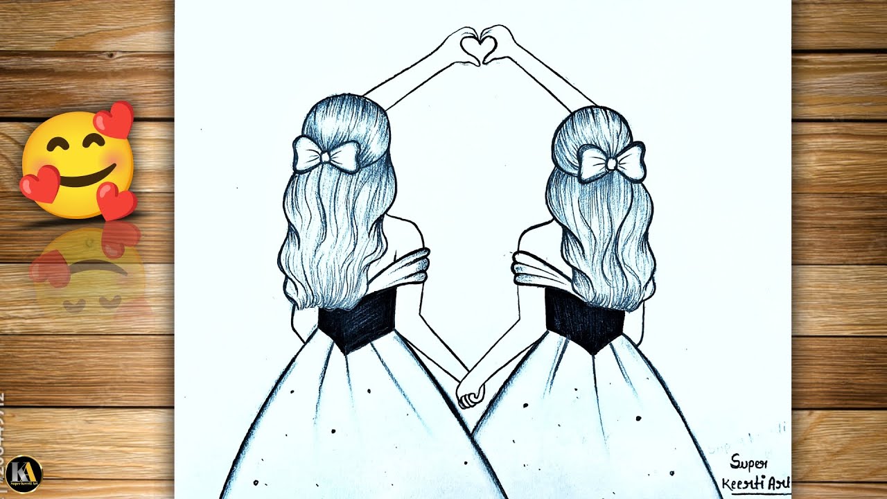 how to draw two sisters making a heart with their hands in this beautiful pencil sketch tutorial