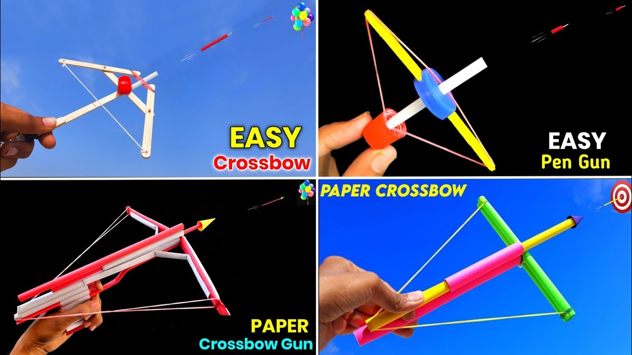 4 Easy homemade cross bow , how to make paper gun , Best rubberband toy , gun shooting launcher