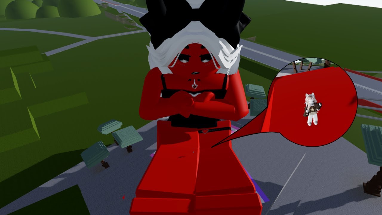 Tiny girl tries to get attention of giant demon girl - Roblox