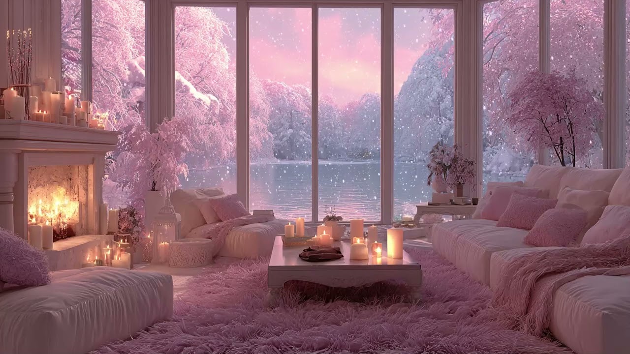 Pink Winter Sanctuary by the Lake ❄️ Gentle Snowfall, Crackling Fireplace & Cozy Silence