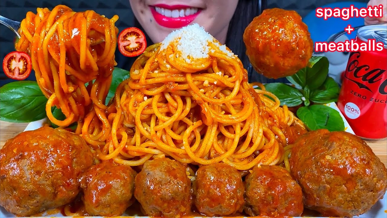 ASMR TOMATO SPAGHETTI + PARMESAN CHEESE + MEATBALLS MUKBANG MASSIVE Eating Sounds
