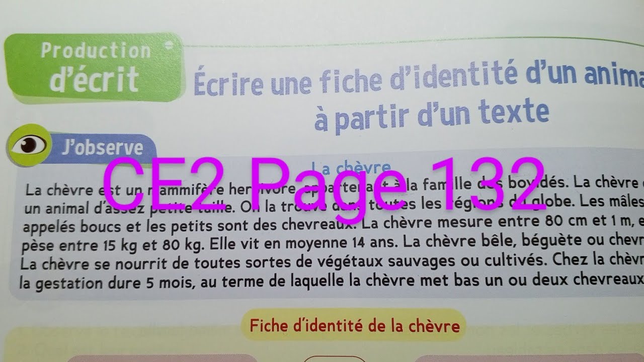 CE2 :Production d' écrit : Écrire la fiche d' identité d' un animal Page 72 cahier d' activités