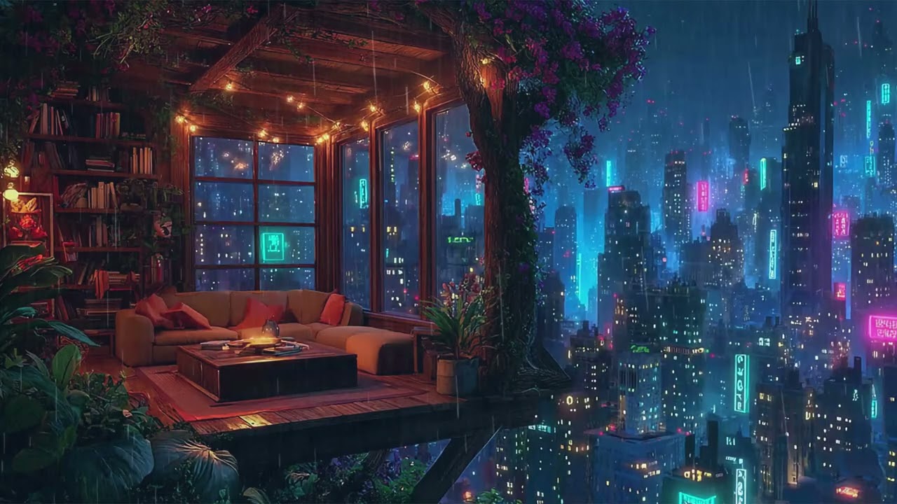 Rainy Cyberpunk Balcony Overlooking Neon City Lights | Relaxing Night Ambience | 4K