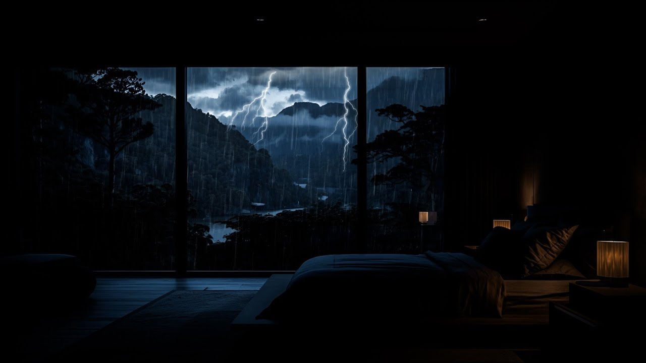 Rain on Glass Window 🌧️ Dark Mountain Bedroom at Night | Relaxing Sleep Sounds 🌙