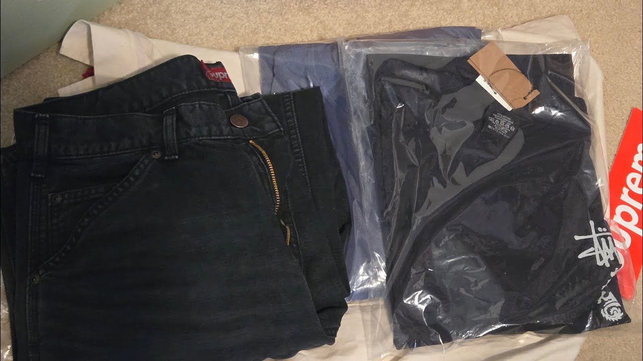 SUPREME WORN DOUBLE KNEE PAINTER PANTS  + STUSSY TEES UNBOXING/REVIEW