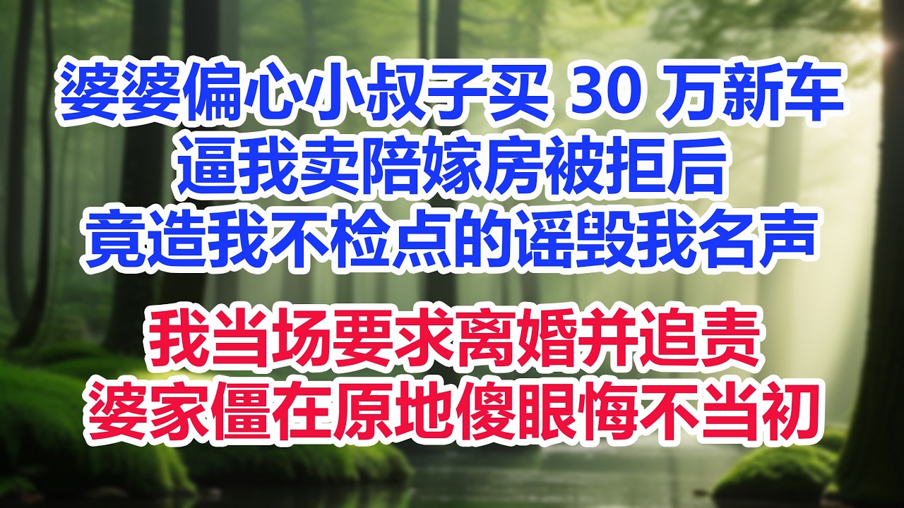 婆婆偏心小叔子买 30 万新车，逼我卖陪嫁房被拒后，竟造我不检点的谣毁我名声，我当场要求离婚并追责，婆家僵在原地傻眼悔不当初