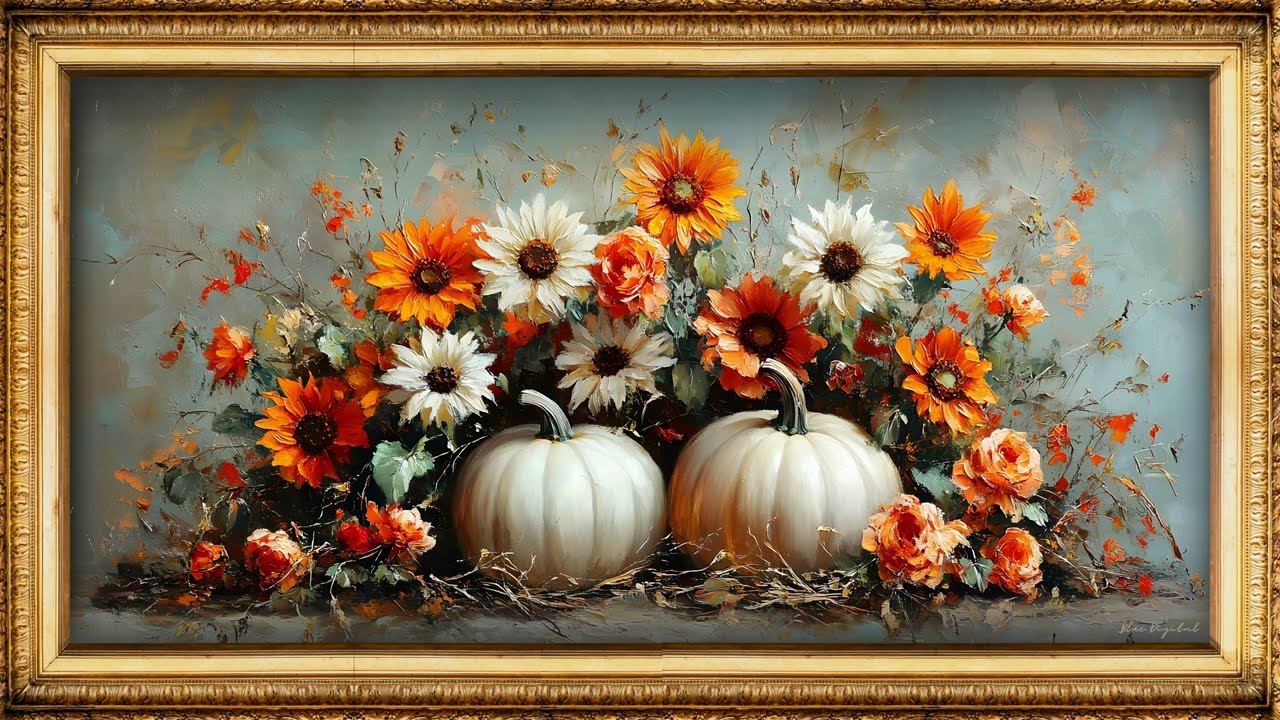4K HALLOWEEN FRAMED TV ART Autumn Still Life | Oil Painting Flowers and Pumpkins for Relaxation