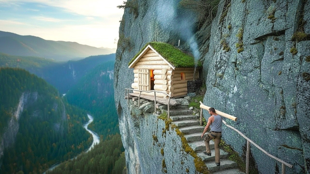 50 days to build a shelter nestled against the cliff, Bushcraft Alone, Cooking, Overnight