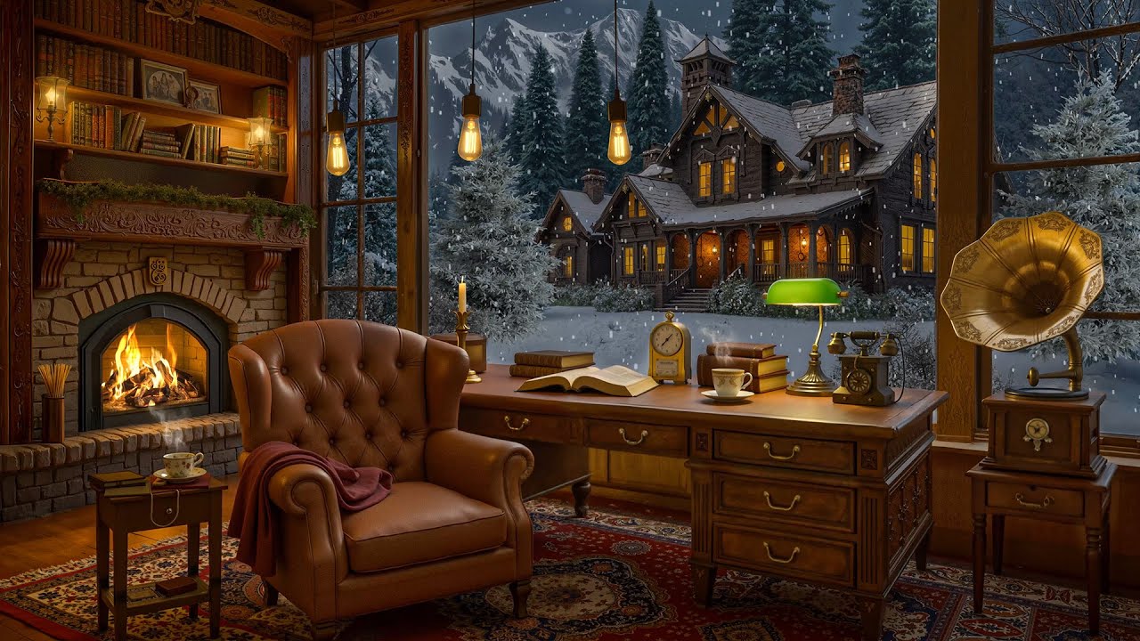 Peaceful Jazz in a Cozy Wooden Library – Smooth Winter Jazz with Fireplace and Snowy Village View