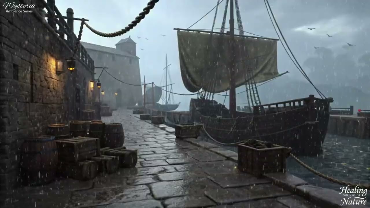 Rain at the Medieval stone docks | Wysteria Medieval Ambience