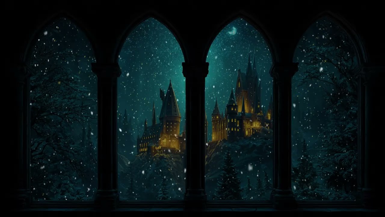 Cozy Snowy Hogwarts Castle View | Calm Winter Ambience with Soft Wind Sounds for Study & Relaxation