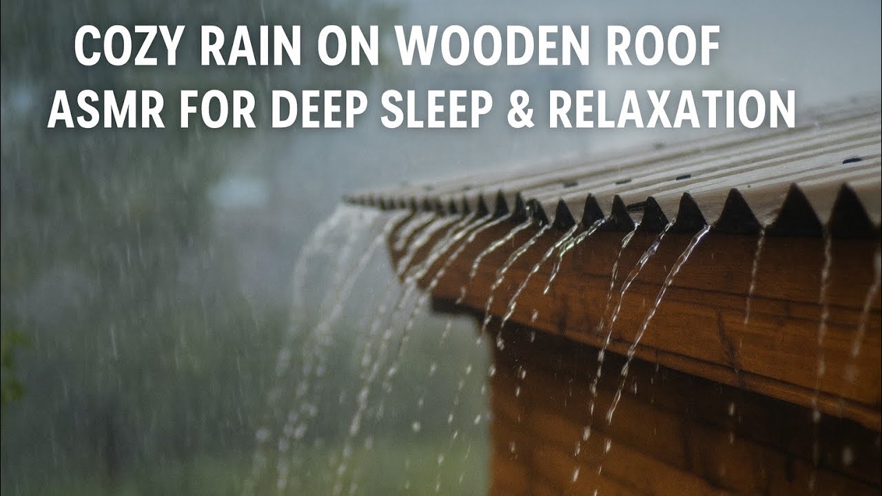 Relax with the sound of gentle rain falling on a wooden house roof.