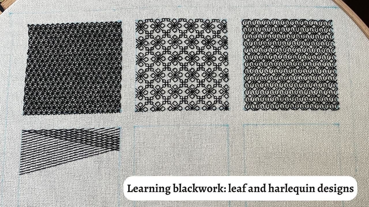Blackwork embroidery: leaf and harlequin designs