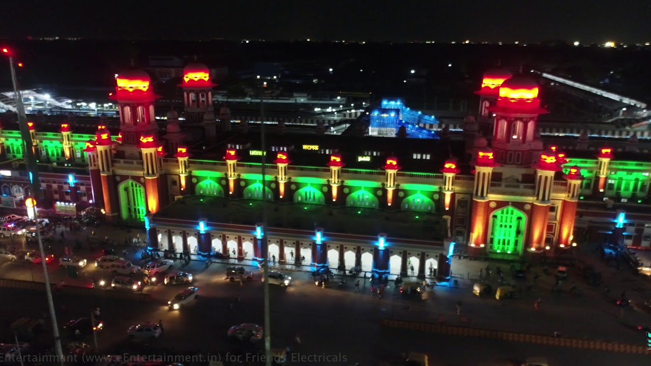 Illuminated Charbagh Railway Station, Lucknow Aerial Shoot 4K Quality