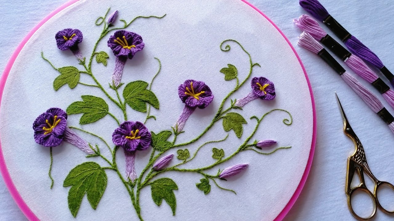 Trumpet Flowers Hand Embroidery Tutorial and Design | Cast on Stitch | Blanket Stitch | Stem Stitch