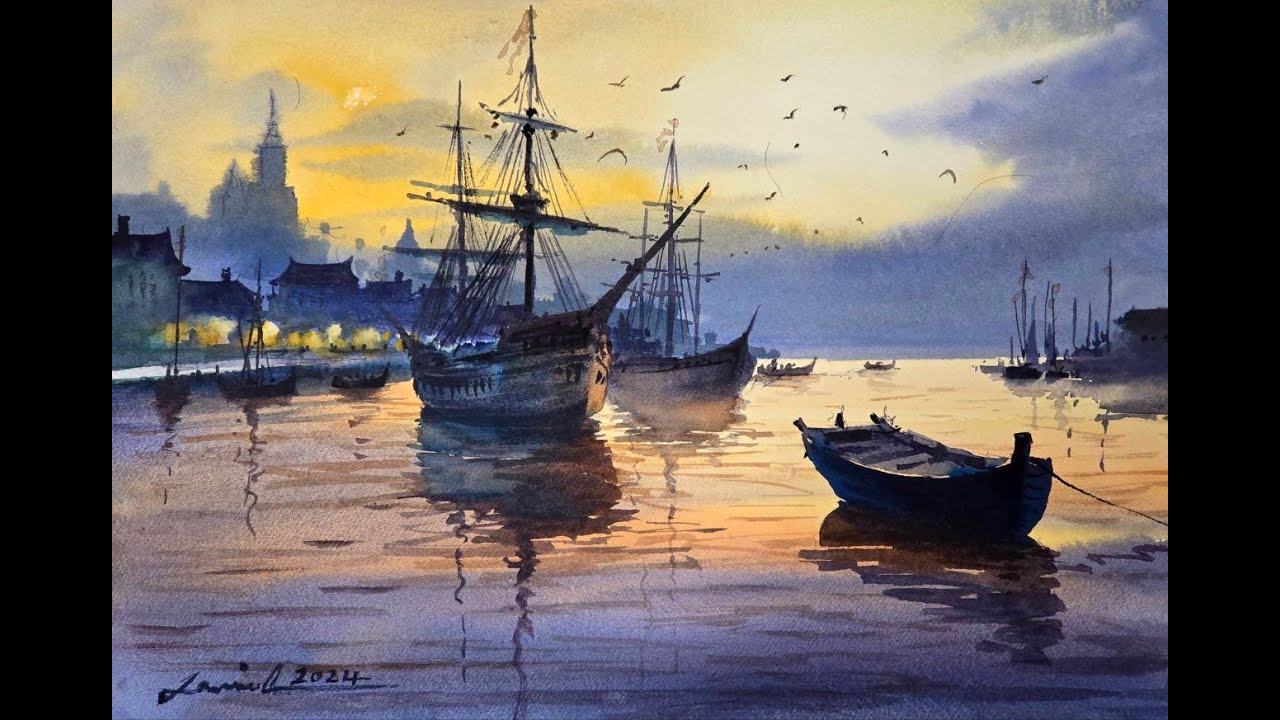 Mastering Watercolor: Painting a Serene Harbor Scene at Sunest