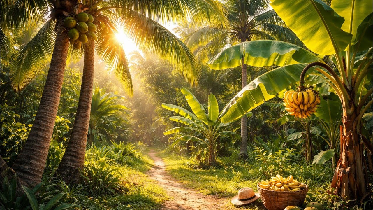 Peaceful Tropical Garden | Coconut & Banana Trees with Birds and Gentle Breeze
