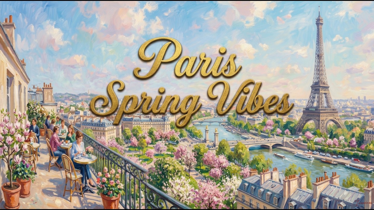 Relaxing Paris Rooftop Café 🌸 Spring Morning View of Eiffel Tower & Louvre (Ambience)