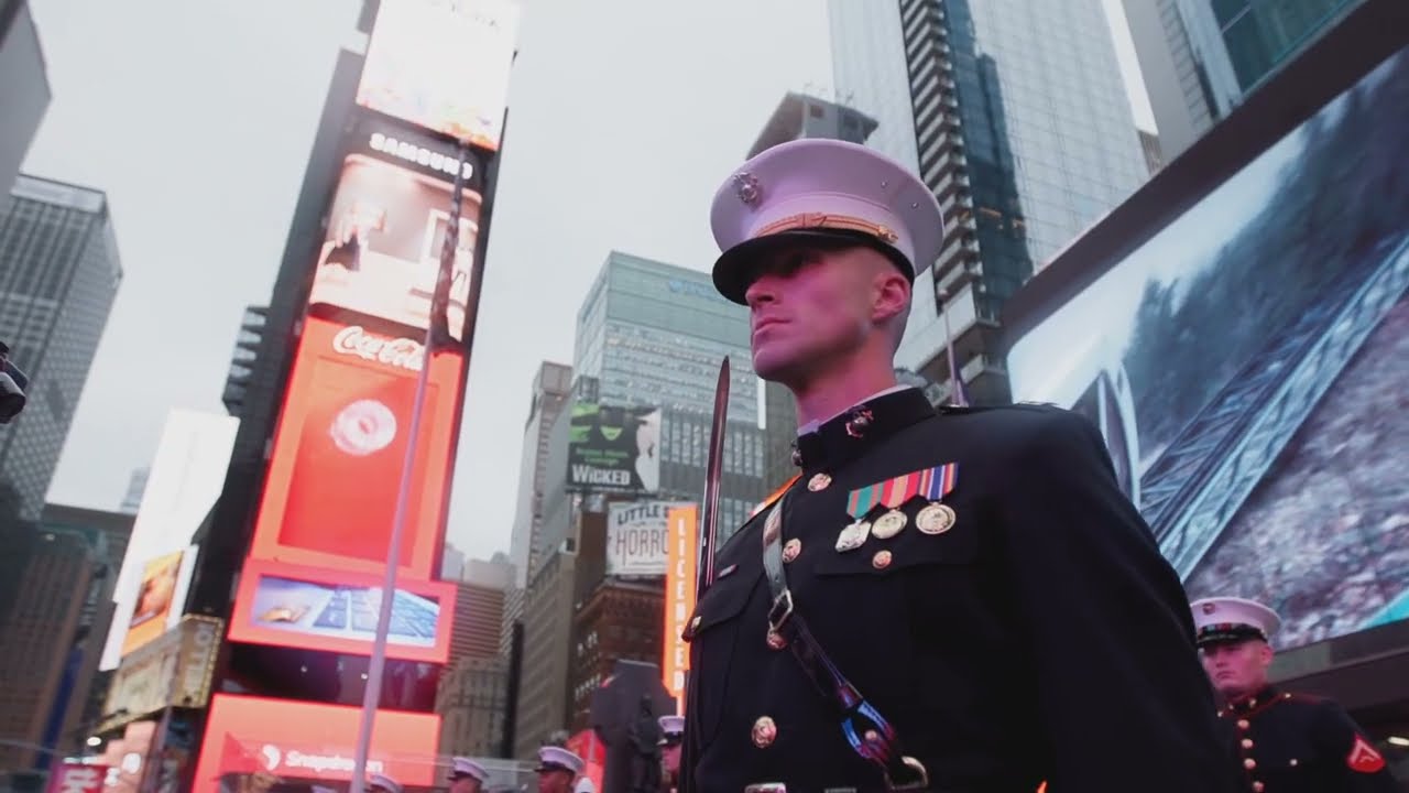 The U.S. Marine Corps Silent Drill Platoon performs in Times Square